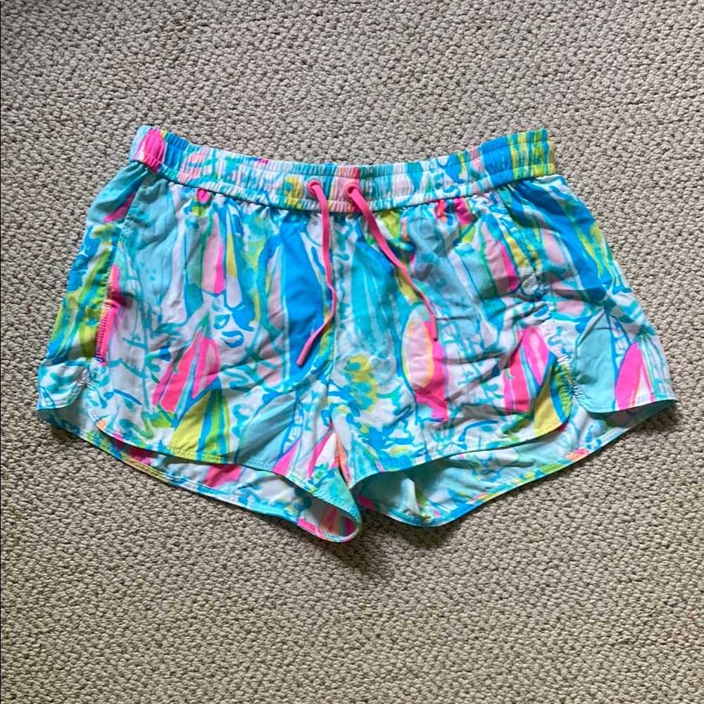 Lilly Pulitzer Blue and Pink Athletic Shorts with Tropical Print